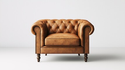 Elegant Large Armchair with Button-Tufted Design in Warm Brown Leather, Ideal for Sophisticated Living Spaces and Modern Interior Decoration
