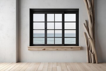 Fototapeta premium Empty home interior, minimalist black window, Driftwood wall background