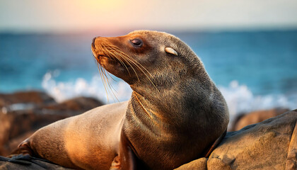 Fototapeta premium Serene Sea Lion Resting on Coastal Rocks