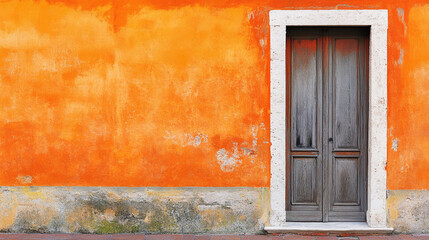 Vibrant orange wall with weathered wooden door in a quaint village setting