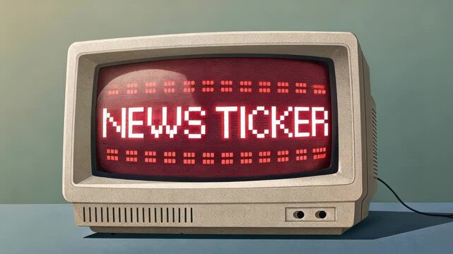 Pixelated Glow A dusty CRT monitor shows a pixelated news ticker in lively red and white colors scrolling steadily. The characters occasionally flicker evoking a sense of urgency