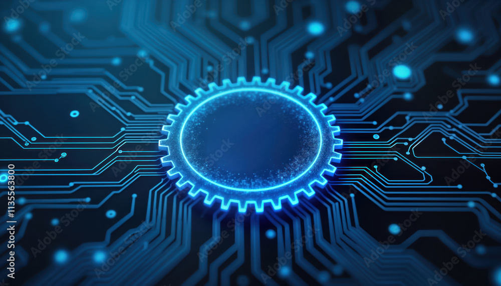 Aufkleber Futuristic glowing blue gear symbol sits on complex circuit board. Tech innovation concept. API integration data flow. Advanced tech design. Modern digital circuit. High-tech future. Glowing blue