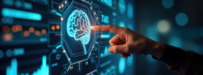 Person interacts with virtual screen displaying brain icon. Data analysis, AI tech depicted on dark background with vibrant light. Visual representation of programmer working with digital tech,