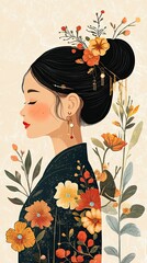 Fototapeta premium Elegant Woman Adorned With Floral Hairpiece And Kimono