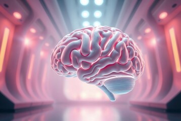 Human Brain: Glowing Pink Anatomy in Futuristic Corridor