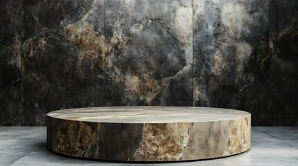 Round stone pedestal on dark marble background.