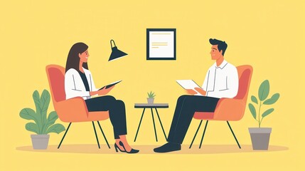Business meeting between two professionals discussing ideas in a modern office environment with minimalistic design and plants