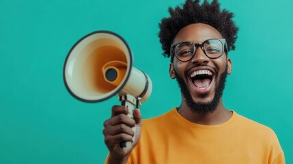 Happy young man with glasses holding megaphone and smiling loudly in front of vibrant green background