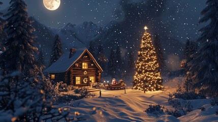 Fototapeta premium A charming winter landscape featuring a snow-covered cabin surrounded by glittering pine trees, a Christmas tree shining brightly, and sleigh silhouetted against a glowing full moon.