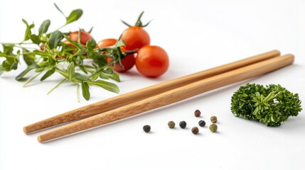 Wooden Chopsticks Resting Near Tomatoes Herbs and Peppercorns