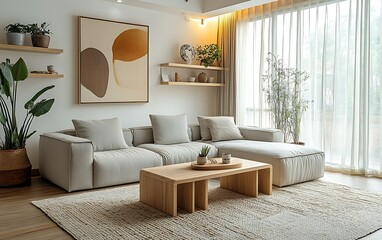 Fototapeta premium Modern living room with beige sectional sofa, wooden coffee table, and abstract art.