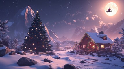 Fototapeta premium A serene winter landscape with snow-covered mountains, a cozy house adorned with glowing Christmas lights, a decorated tree, and Santa flying across the moonlit sky on his sleigh.