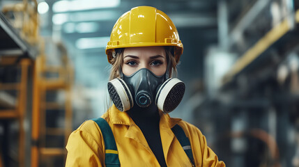 A woman adorned in a vibrant yellow helmet and protective gas mask stands confidently in a hazardous work environment. Her sturdy attire hints at the dangerous nature of her surroundings.