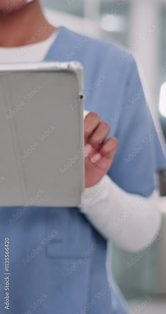 Poster Tablet, hands and person with nurse in hospital for advice, healthcare and digital patient files. Telehealth, medical report and helping with closeup in clinic for research, doctor and expert