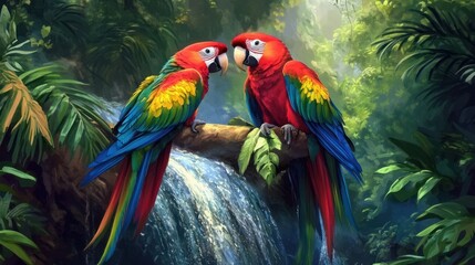Two parrots with rainbow-colored feathers perched near a waterfall, their vibrant hues contrasting with the deep greens of the jungle.
