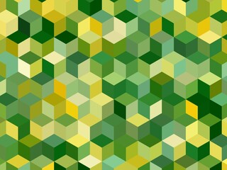 Abstract geometric background with colorful cubes in green, yellow, and white.