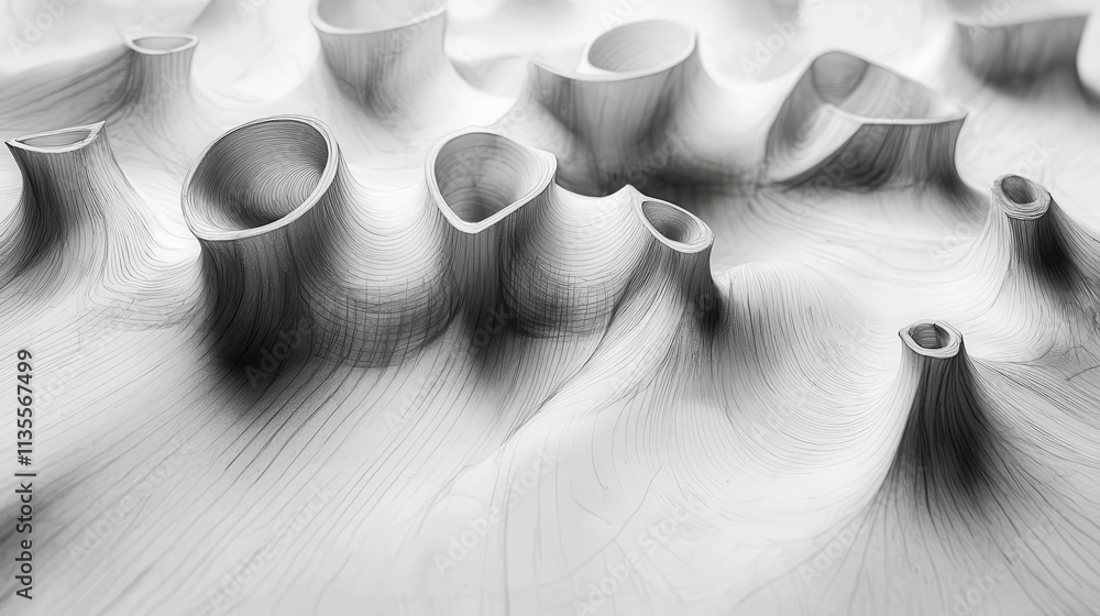Poster pencil sketch line following drawing art: abstract black and white texture with flowing curves and s