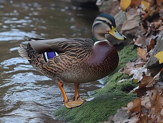 A duck standing on a mossy bank by the water's edge, showcasing its vibrant plumage.