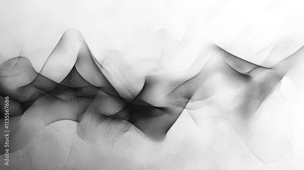 Poster pencil sketch line following drawing art: an abstract composition of flowing shapes in black and whi