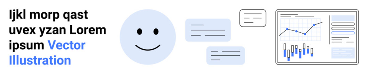 happy face, text bubbles, sample text and a business analytics dashboard with line and bar graphs. Ideal for presentations, data analysis, communication, business strategies, web design, reports