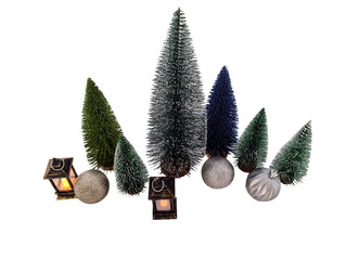Christmas trees, lanterns and Christmas balls. Isolated