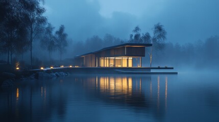 Obraz premium Serene Lakeside Villa at Dusk: A Modern Architectural Masterpiece