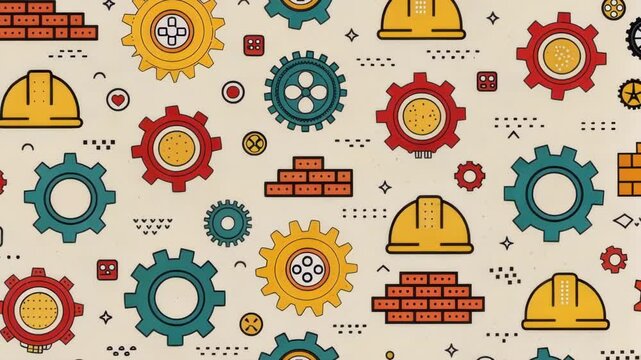 Playful Background Patterns The background features a repeating pattern of simplistic gears and pixels illustrating construction elements creating a lively but retro vibe on an