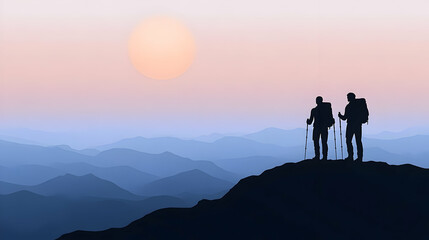 Fototapeta premium Sunset Hikers Mountain Illustration