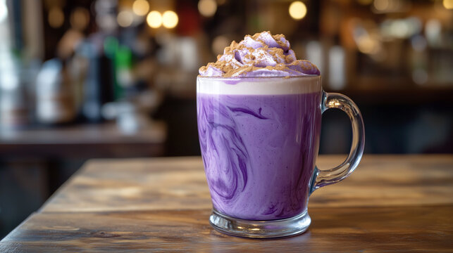 Purple ube latte with creamy swirls and an indulgent topping, offering a delicious treat in an inviting coffee shop setting. Image made using Generative AI