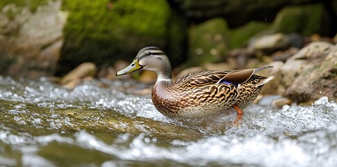 Fototapeta premium A duck wades through a stream, creating ripples in the water.