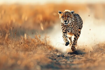 Clear Pixel Image of Cheetah Running to Hunt in Savannah with Panoramic View