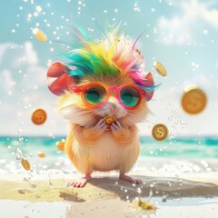 Cute funny hamster with colorful hair enjoying a sunny day at the beach while playing with coins