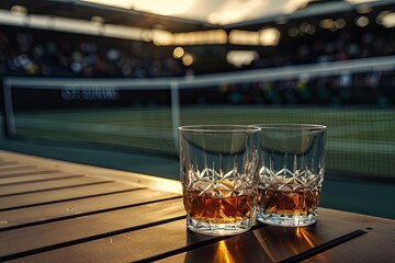 Premium Quality Image of Cinematic Photograph of Two Whisky Glasses at Tennis Stadium