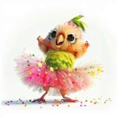 Fototapeta premium Cute funny parrot dances joyfully in a pink ballerina tutu with colorful confetti around