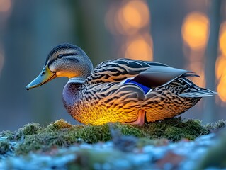 Obraz premium A duck rests on moss with a warm glow in the background, showcasing nature's beauty.