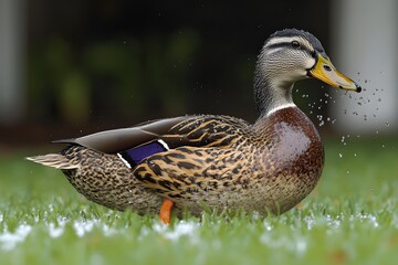Obraz premium A duck standing on grass, droplets of water splashing around it.