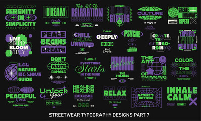 Fototapeta premium Streetwear Typography Vector Set. Streetwear Quotes Graphic T-shirt Designs, Streetwear T shirt Designs Bundle. Brutalism Collection for T-shirt Print. Clothing Design Pack. Typographic Set. 