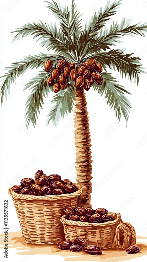 Poster date palm tree with baskets of ripe dates