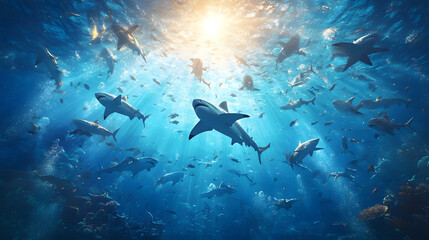 Obraz premium Sharks swimming in crystal clear ocean waters underwater exploration nature dynamic