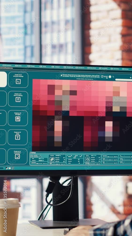 Poster remote employee in home office using ai software turning text prompt into photos. person in apartmen