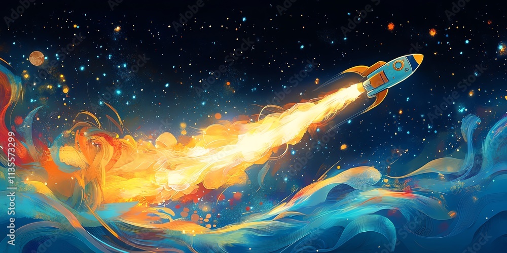 Poster a colorful rocket blasting through a vibrant cosmic scene filled with stars and swirling colors.