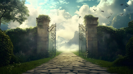Mystical Garden Gate: A Path to Enchanting Mountains