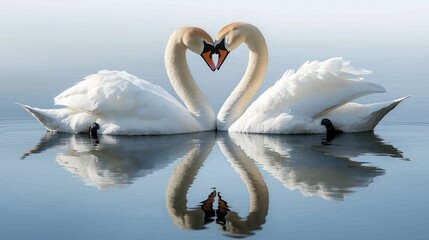 Obraz premium Two swans forming a heart shape in calm water, creating a romantic and serene scene.