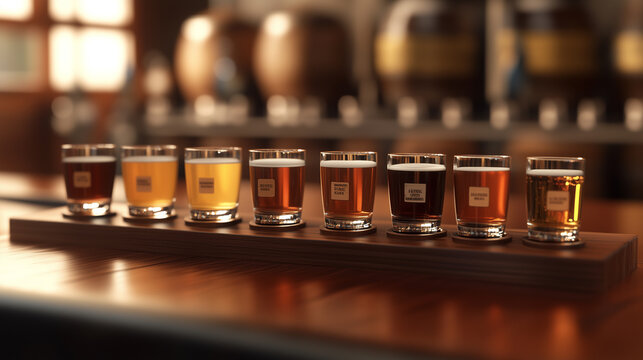Craft beer sampler with golden, amber, and dark ales served in glasses on a stylish wooden board, creating a perfect tasting experience. Image made using Generative AI