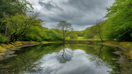 A still pond surrounded by lush greenery, perfectly reflecting the trees and sky above.