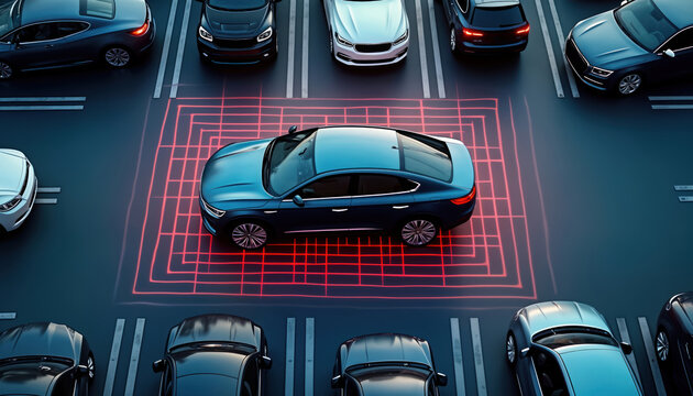 Top view of smart car parking assist system. Autonomous tech scans road for secure self-parking. Cars parked in grid pattern. Red lines show area for parking. Advanced tech illustration. Future of