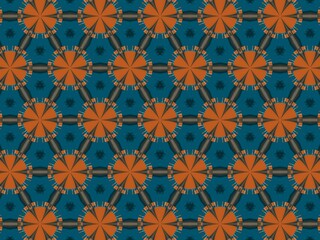 A geometric pattern featuring orange and teal colors, with a repeating design of circles and lines.