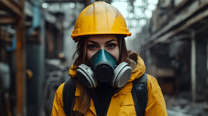 A woman adorned in a vibrant yellow helmet and protective gas mask stands confidently in a hazardous work environment. Her sturdy attire hints at the dangerous nature of her surroundings.