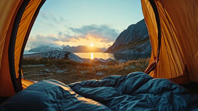 Enjoying a peaceful sunset view from a cozy camping tent by the lake in the mountains