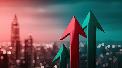 Fototapeta premium Trendy arrows in red and green symbolize growth against a city skyline backdrop.